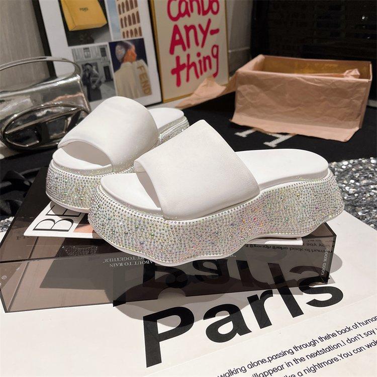 

European rhinestones leopard print thick-soled versatile muffin open-toed sandals, slippers outside, muffin small women s shoes 35