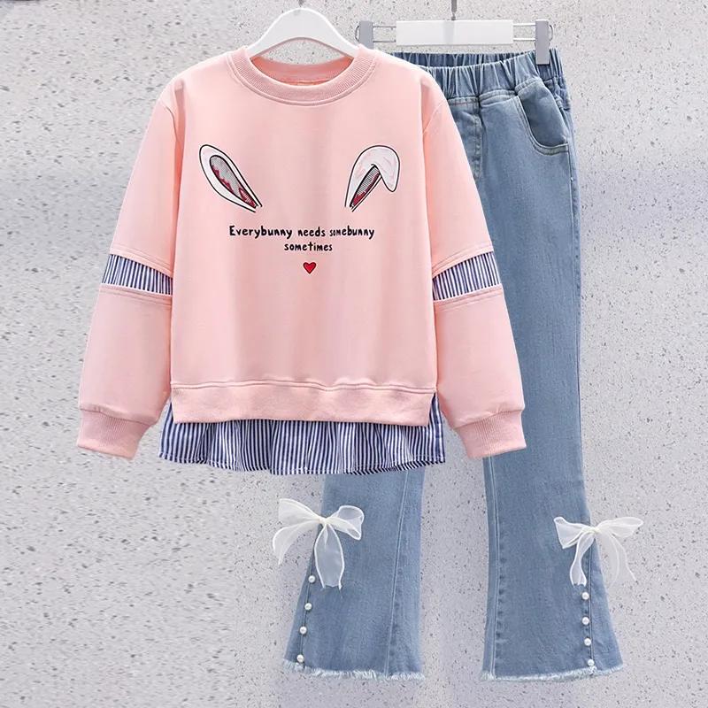 Mädchen Frühling Casual Anzug Mittleren und Großen Kindern Langarm Rundhals Pullover + Jeans Zwei-stück Set