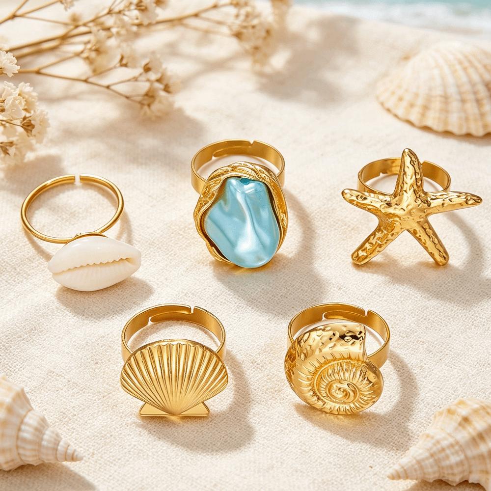 3/5Pcs Gold Color Finger Open Rings Conch Geometric Rings Vintage Starfish Open Ring Set Women