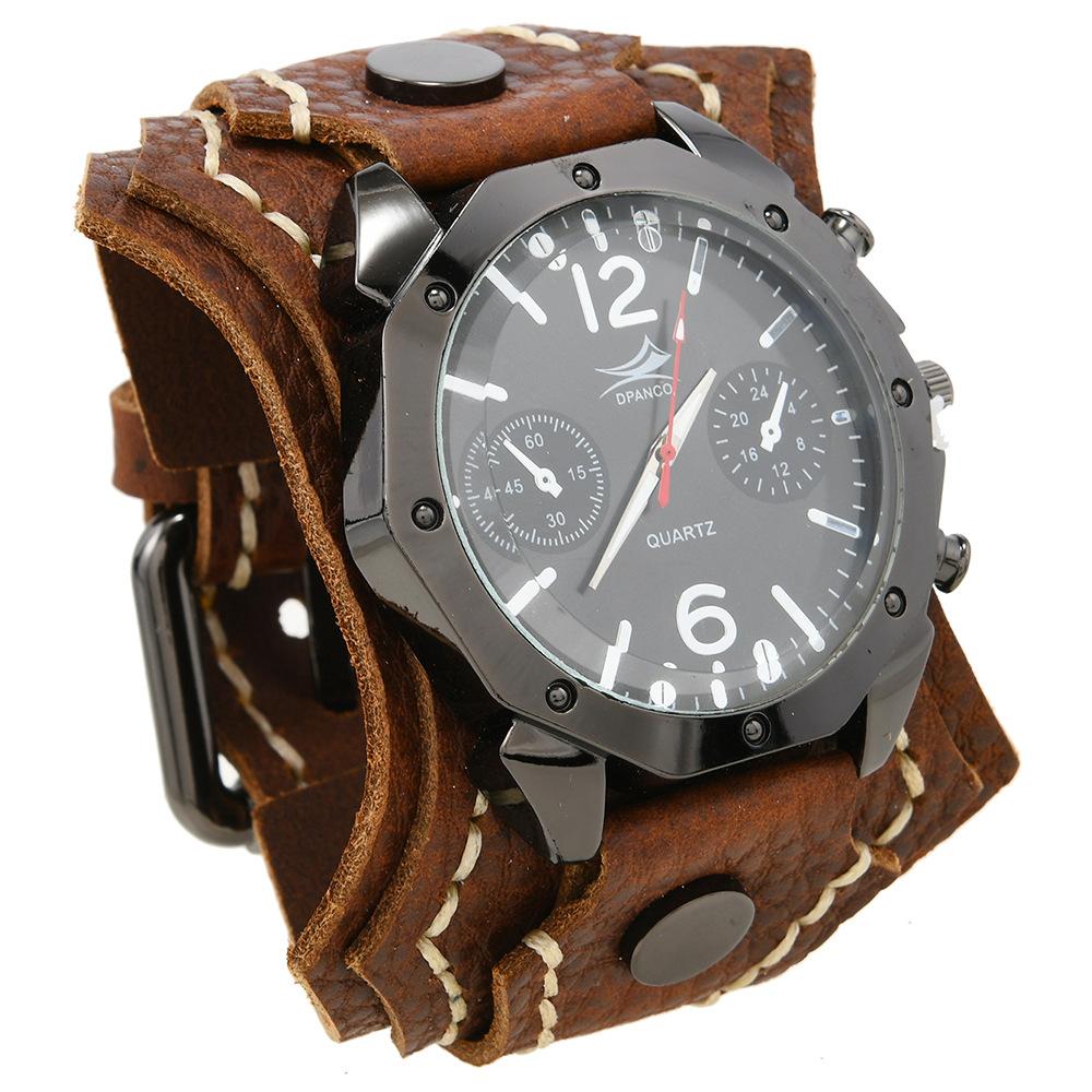 Orologio da uomo Punk Vintage con cinturino multistrato in pelle di mucca cucito a mano e quadrante grande
