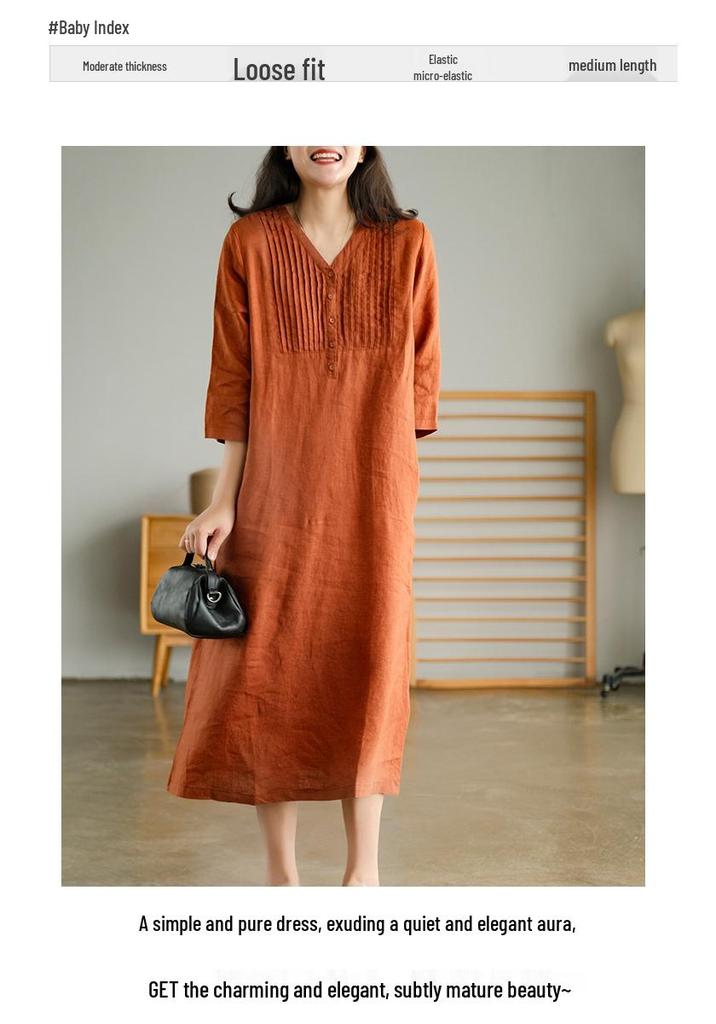 2024 Summer Artistic Loose Patchwork Cotton Linen V-Neck Mid-Length Dress with Five-Point Sleeves