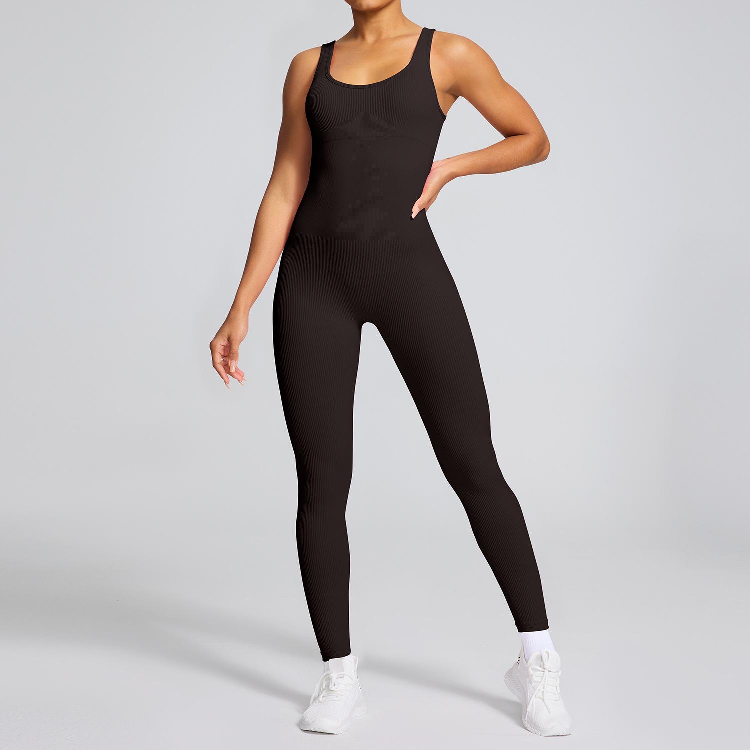 

Бесшовный боди для йоги с открытой спиной - Фитнес-комбинезон, поднимающий бедра, цельный для женщин Large темно-каштановый