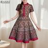 ZANZEA Women Casual Stand Neck Summer Short Sleeve Print Dress