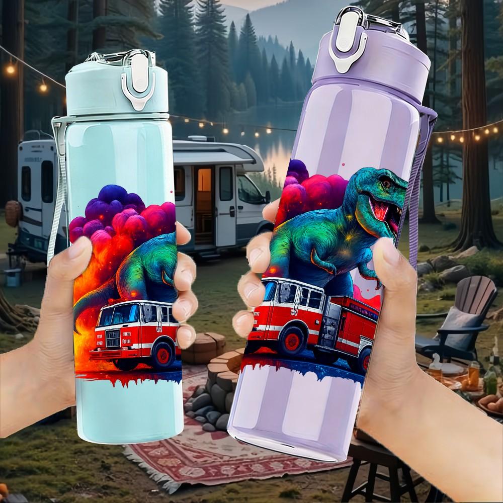 1PC Colorful Dino Truck Art Pattern 750ml Color Plastic Sports Water Bottle Leakproof Flip Straw Lid Suitable for Sports Office Home Use