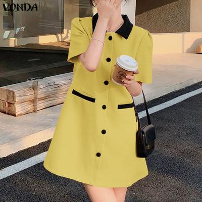 Women Elegant Lapel Neck Short Sleeve Stitching Casual Mini Dress