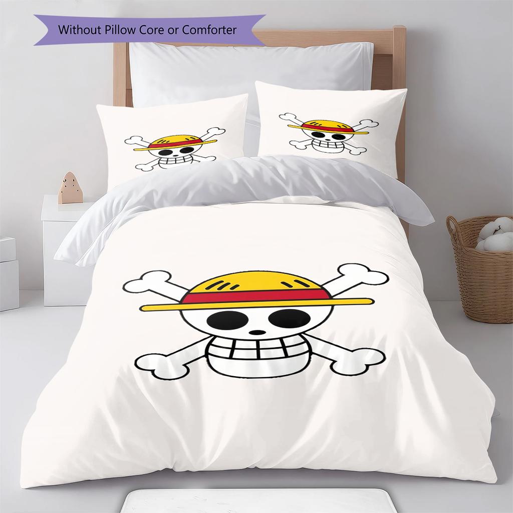 One Piece Straw Hat Pirates Pattern Bedding Quilt Set Quilt Cover Pillowcase Home Birthday Gift(1 * Duvet Cover + 2 * Pillowcase, Without Core)