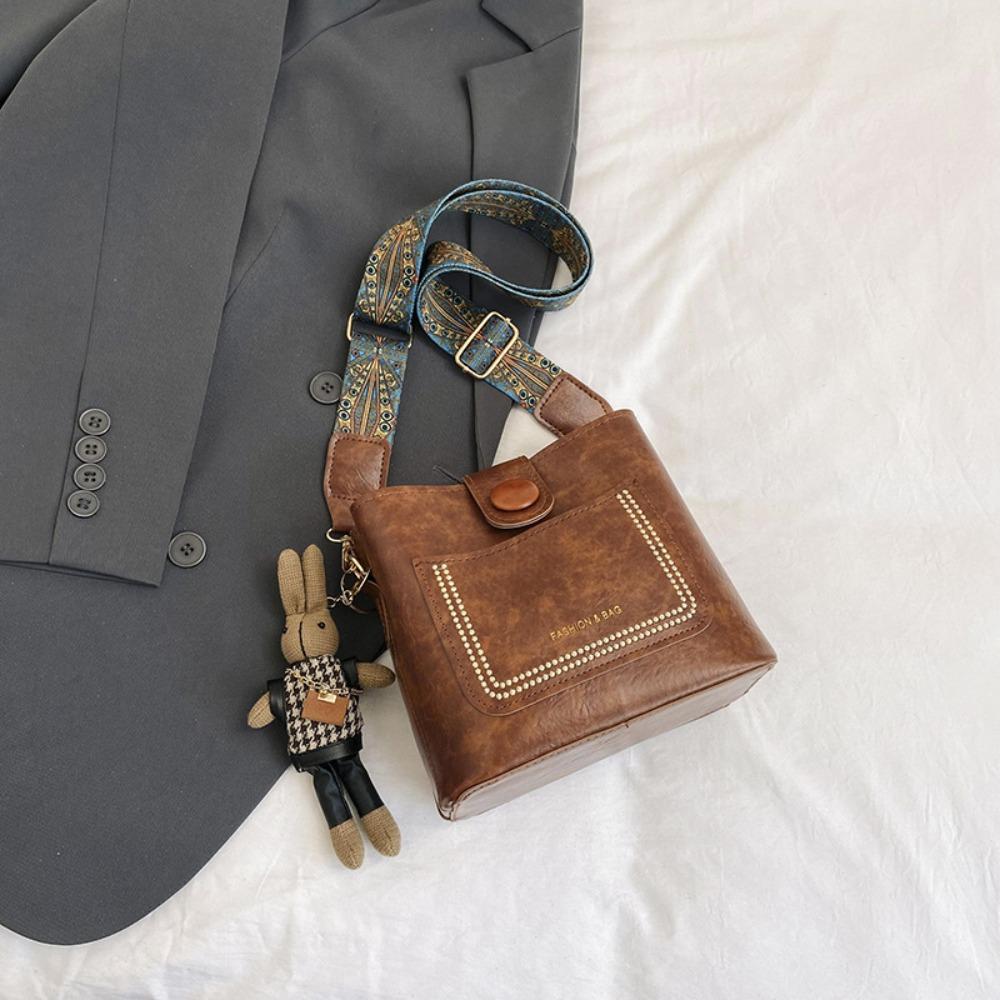 with Bunny Plush Pendant PU Leather Crossbody Bag Large Capcity Ins Square Tote Bag  Ladies/Girls