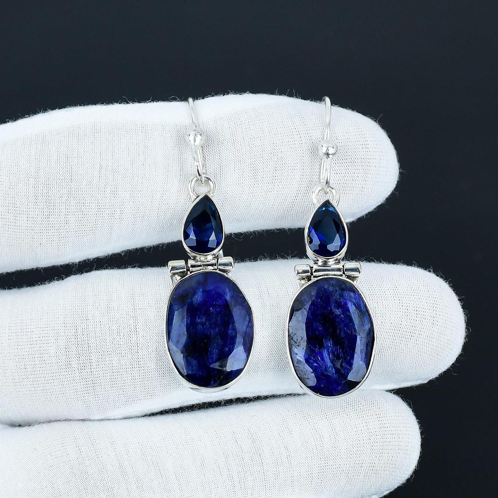 Elegant Blue Sapphire Gemstone Earrings, 925 Sterling Silver Earrings, Unique Design Jewelry, Dangle Drop Earrings For Birthday Gifts