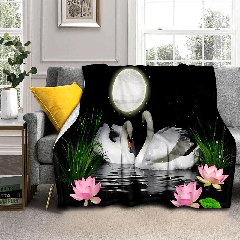 

Romantic Swan Themed Blanket Couple Soft Flannel Blanket Holiday Gifts Air Travel Blanket 70x100cm