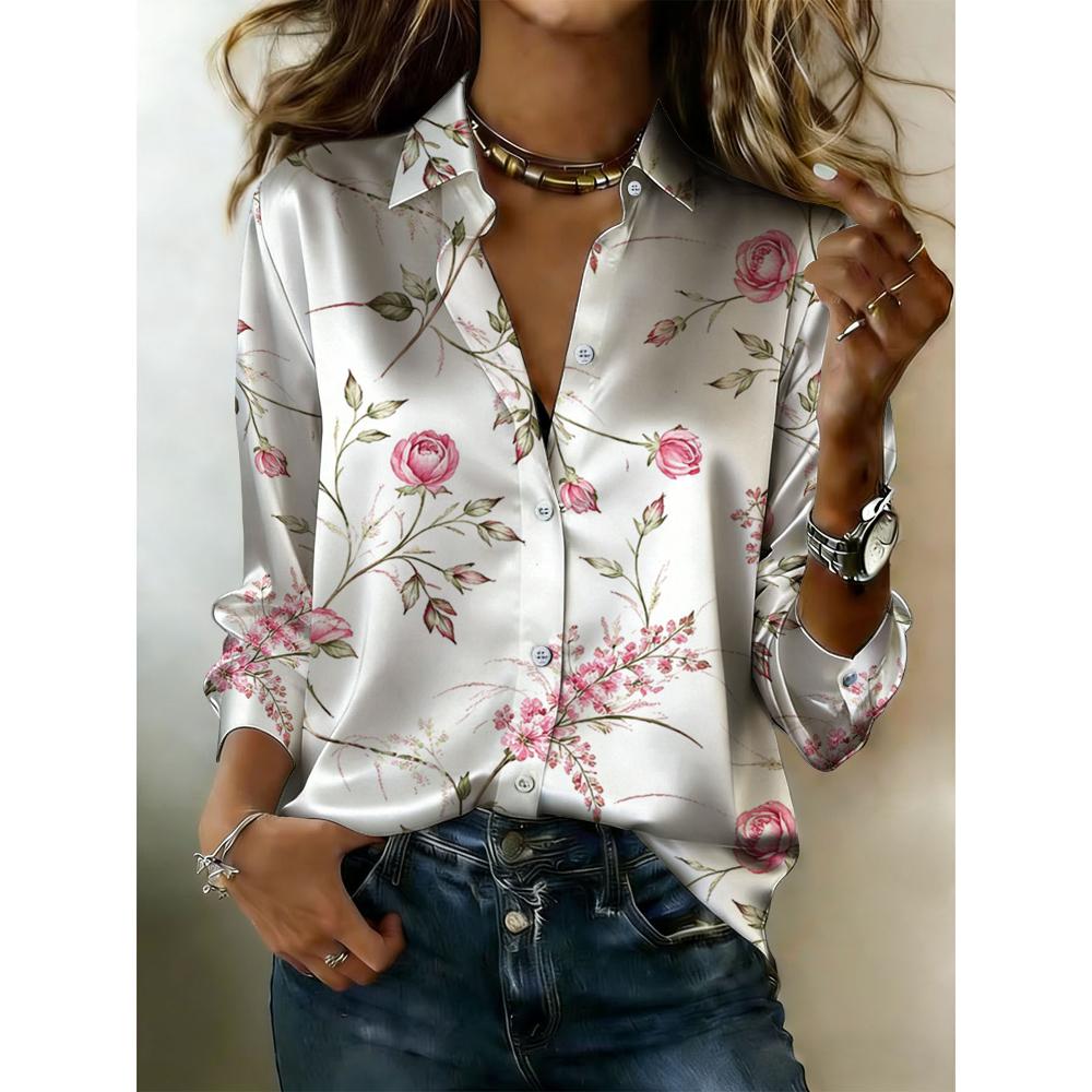 Romantic Pink Rose Floral Printed Long-sleeved Shirt - Women's Casual Collar Buttoned Shirt, Stylish for Daily Wear
