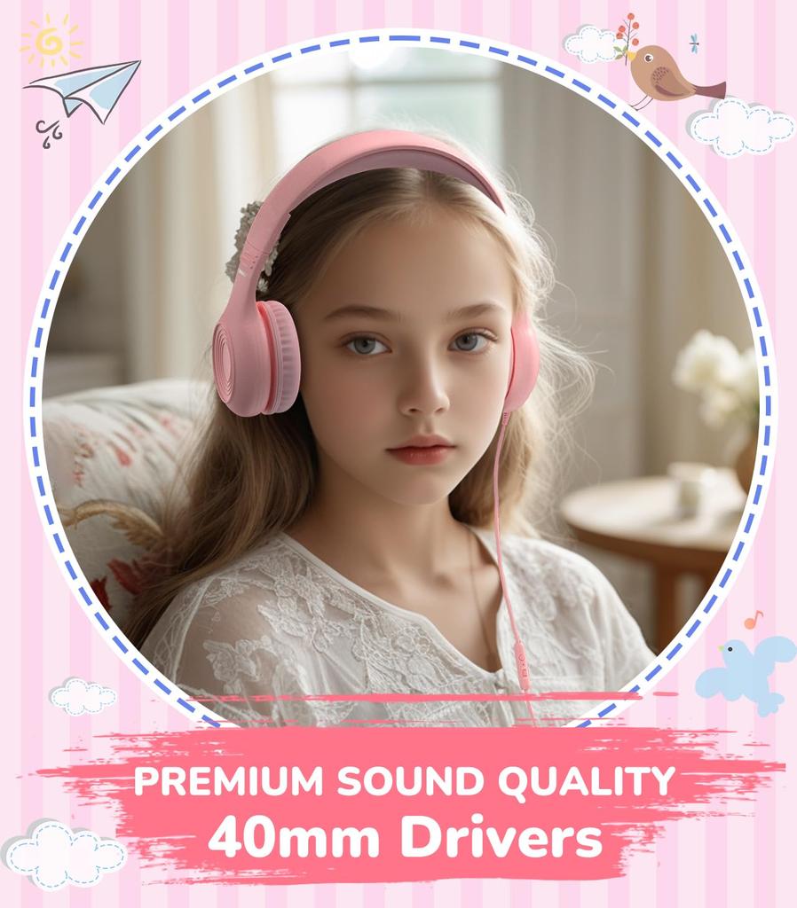 KONNAO Upgrade USB Type C Kids Headphones with Wired Headphones for Boys and Volume Limit Adjustable Microphone, Girls, 85dB/94dB (Pink)