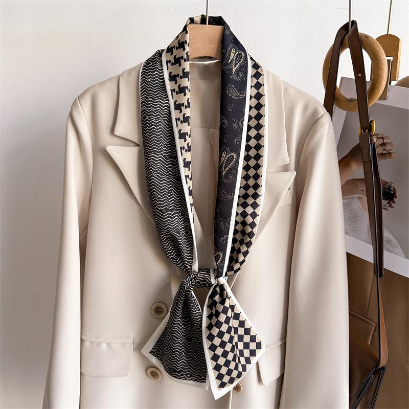 Geometry Plaid Small Silk Scarf Women Tie Bag Headband Double-Layer Printing Hairband Neckerchief Ribbon Luxury Decorate