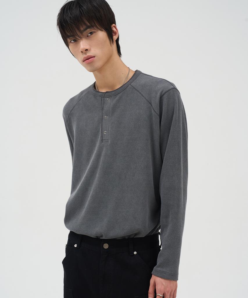DOFFJASON Stitch Waffle Henley Neck Charcoal