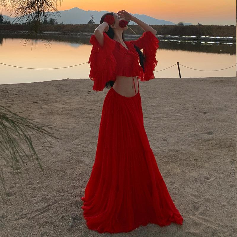 Seaside Vacation Red Ruffle Leaf Edge Horn Sleeve Big Swing Skirt Set, Take a Photo and Create a Long Dress with a Sense of Atmosphere
