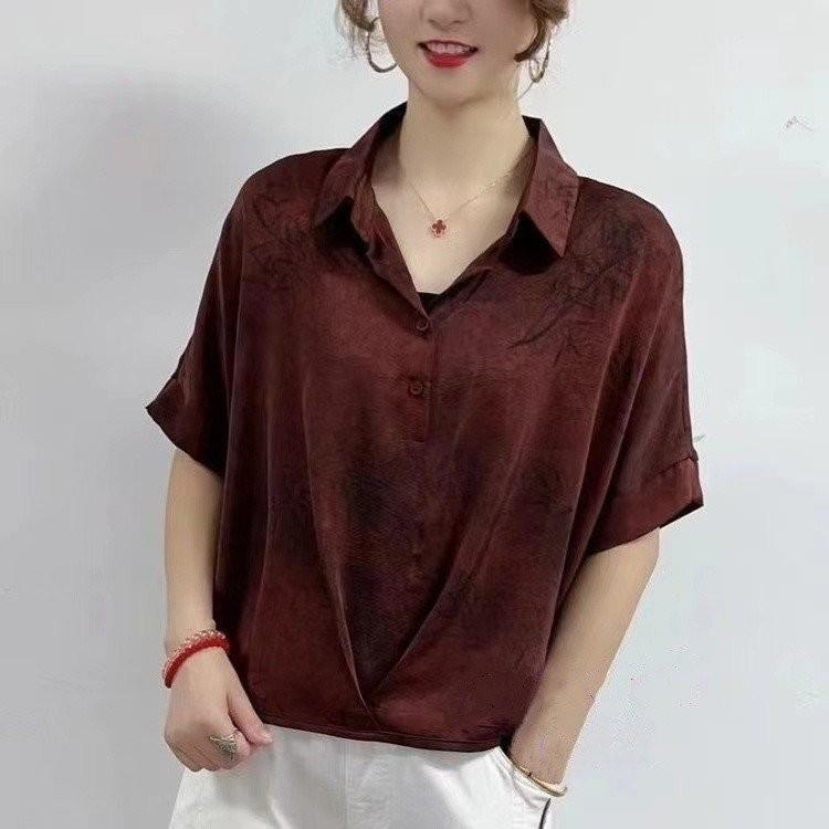 2026 Summer Chic Women's Short-Sleeve Lapel Blouse - Loose, Thin Jacquard Top for Middle-Aged Women