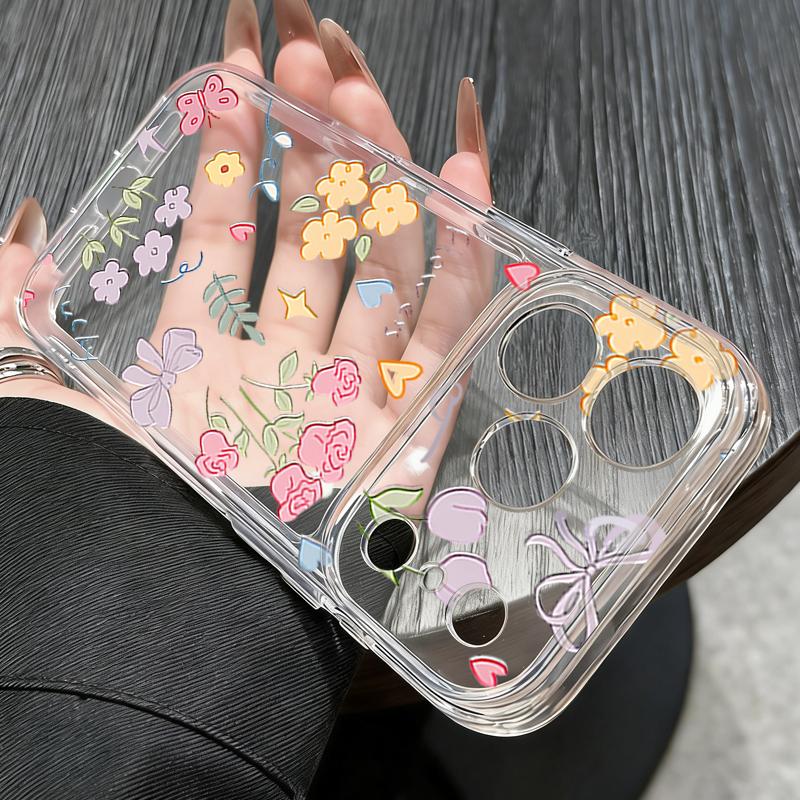 Silicone Clear Phone Case For iPhone 17 16 Pro 15 14 13 12 Pro Max 11 Transparent Shockproof Soft Beautiful Flower Printed Cover
