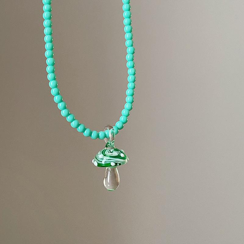 Glazed Beaded Resin Mushroom Pendant Necklace Simple Small Fresh Collarbone Chain Korean Ins Temperament Jewelry Women
