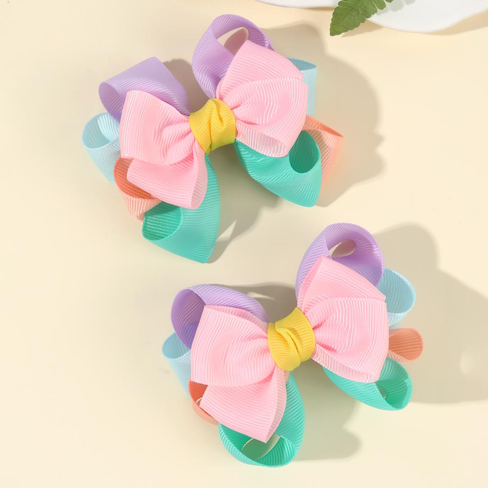 2Pcs Trendy Patchwork Bow Hair Clips Ribbon Colour Hairpins Barrettes With Unique Design Kids Girl Hair Accessories Headwear