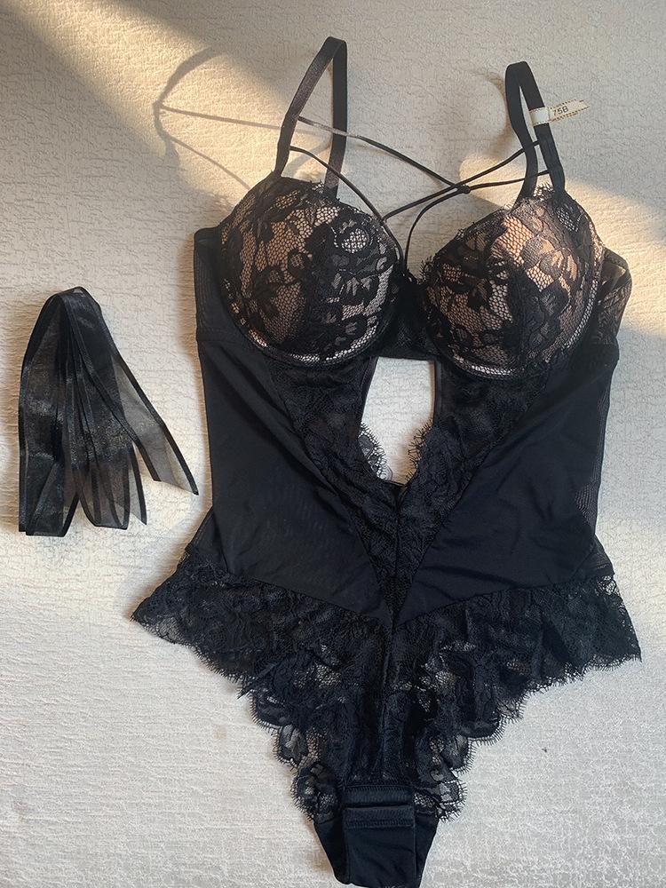 Women Sexy French Style Romper Tight-Fitting Bodysuit Transparent Bowknot One Piece Lace Lingerie