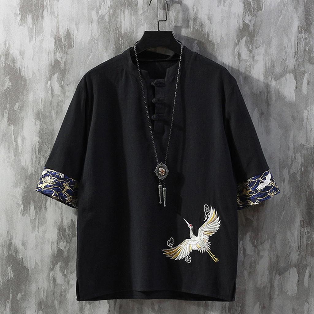 Tumao Summer Short Japanese Plus Sizes Loose Solid Casual Top Men's T-Shirt, Linen, Sleeve, Cotton-Linen, Style, Embroidered, Blend, 5/8 Sleeves,