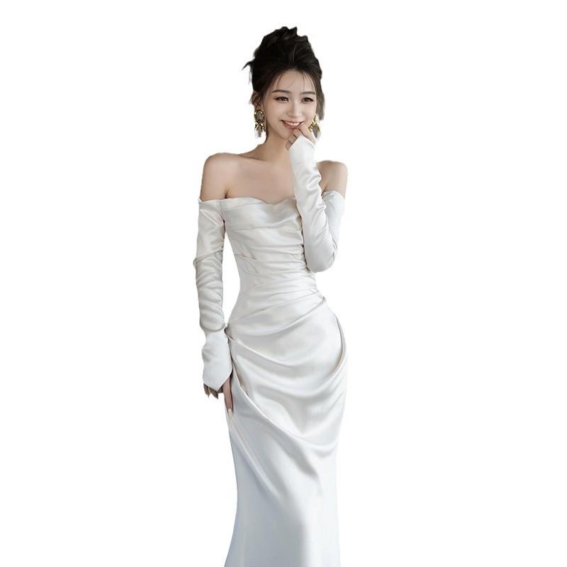 Französisches leichtes Hochzeitskleid 1011 neues Braut einfaches Satin Ein-Schulter-aus-Garn weiße Taille Fischschwanz Abendkleid