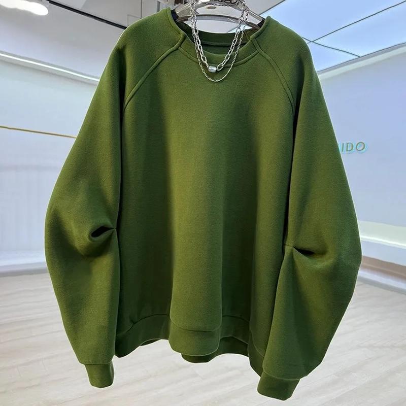 Женский свитшот Хлопок Оверсайз Флис Утепленный Свободный Круглый вырез Повседневный Пуловер Длинный рукав Зимний Свитшот Топ XXXL зелёный 2800₽