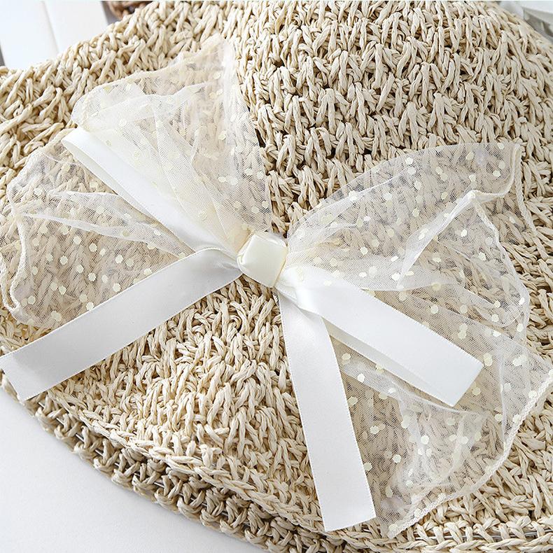 Lace Bow Straw Hat Summer Women's Beach Vacation Sun Hat Foldable Sunshade Sunscreen Bucket Hat