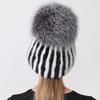 Women's Mink Fox Fur Winter Hat Striped Knitted Beanie with Pompom, Warm Fashionable Trapper Cap for Cold Weather