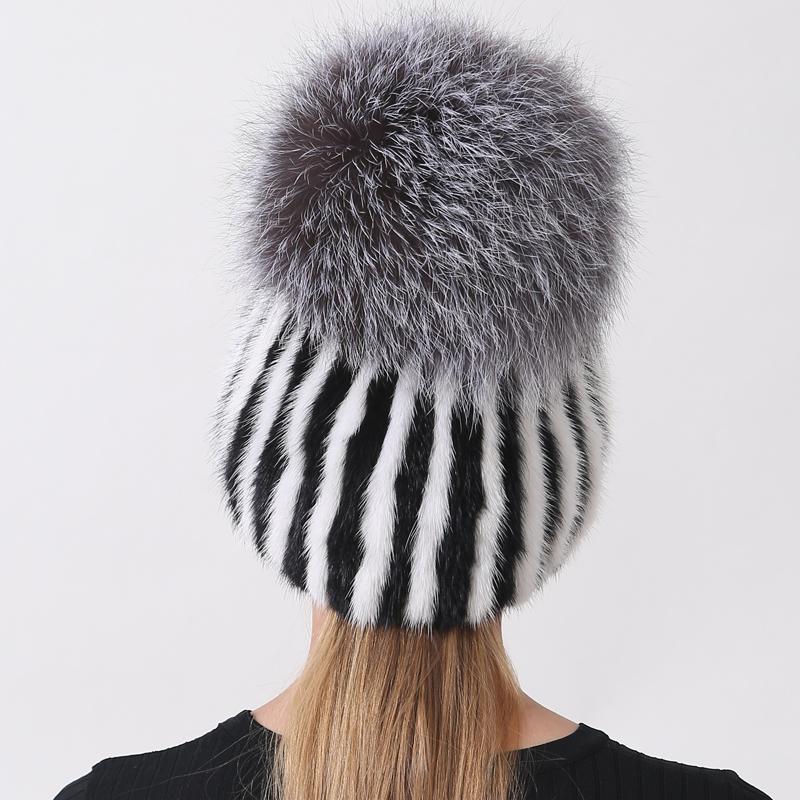 Women's Mink Fox Fur Winter Hat Striped Knitted Beanie with Pompom, Warm Fashionable Trapper Cap for Cold Weather
