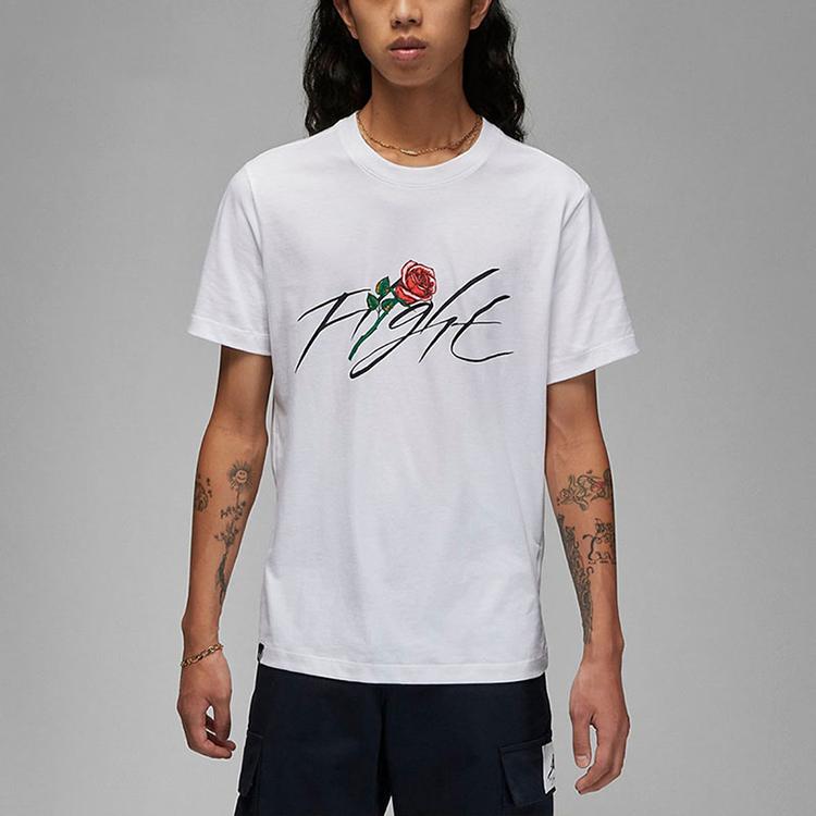 Jordan Hand-Painted Rose Letter Print Crew Neck Short Sleeve T-Shirt Men Tops White DQ7391-100