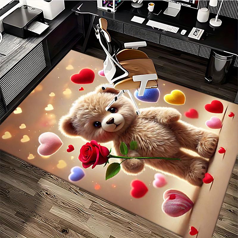 1pc Teddy Bear with Rose Chair Mat - Anime Cartoon Design, Valentine's Day Gift, Non-Slip Carpet for Office and Home Decor.C001