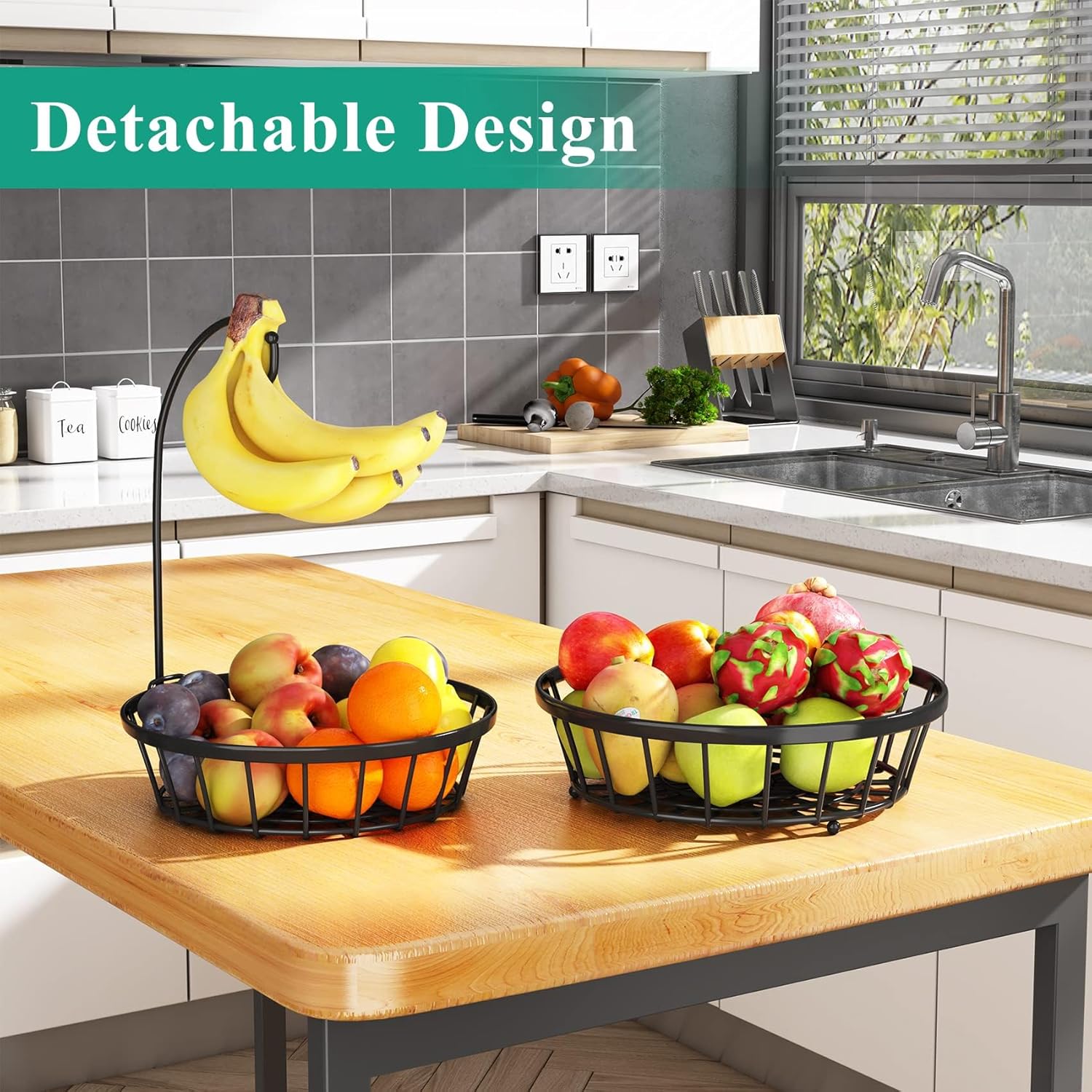 2-Tier Fruit Basket Bowl Stackable Vegetable Storage with Banana Tree Hanger Stand for Kitchen Countertop, Metal Wire Basket for Bread Onions