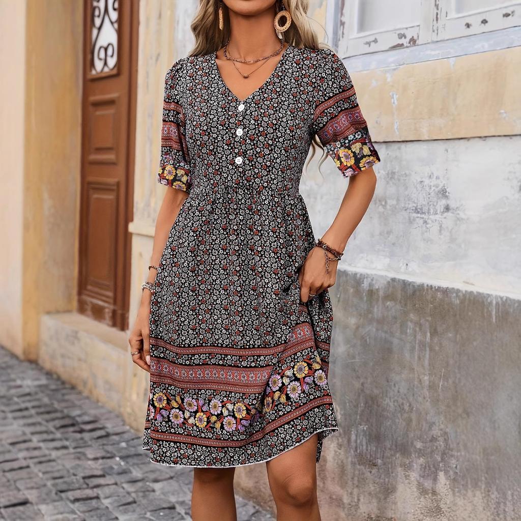 Women's V Neck Short Sleeve Midi Dress Loose Waist Paisley Patchwork Floral Print Boho Casual Dress
