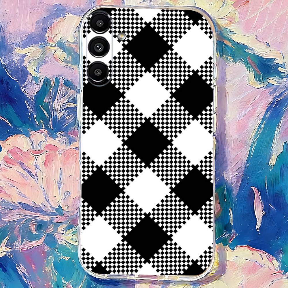 Black white Checkered Phone Case For Samsung S30,S25,S24,S23,S21,S22,S20,S10,5G,FE,lite,PIus,Ultra Transparent Cover