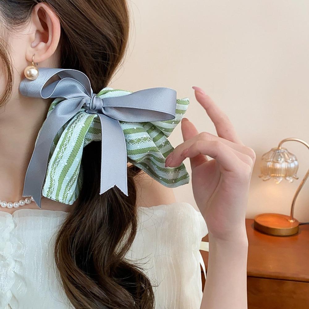 Bow Plaid Silk Ribbon Scrunchies Elastic Women Ponytail Holder Square Cloth Hair Tie Daily