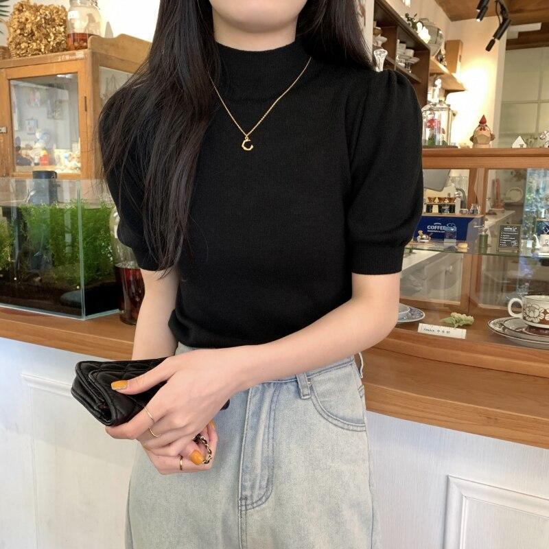 Sommer Vintage Puff Hülse Gestrickte Bluse Frauen Koreanische Halb Stehkragen Casual Elegante Frau Shirt Mode Schlank Solide Tops 25244