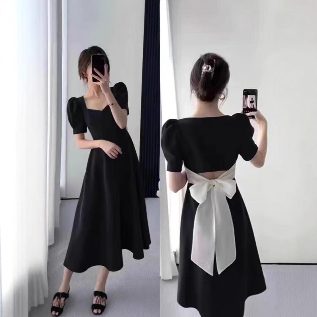 

Retro French Hepburn Black Bow Mid-Length Summer Dress M