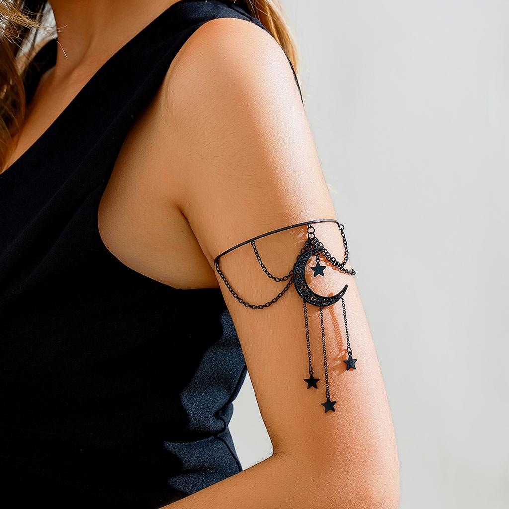 Gothic Hollow Moon Star Pendant Upper Arm Bracelet Punk Black Metal Tassel Open Arm Bracelet Women's Hip Hop Bangle Jewelry
