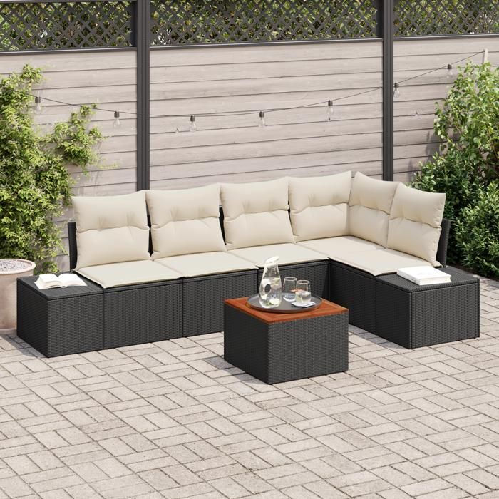 VidaXL Canapé de jardin 6 pièces avec coussins noir en poly rotin acacia 3347957