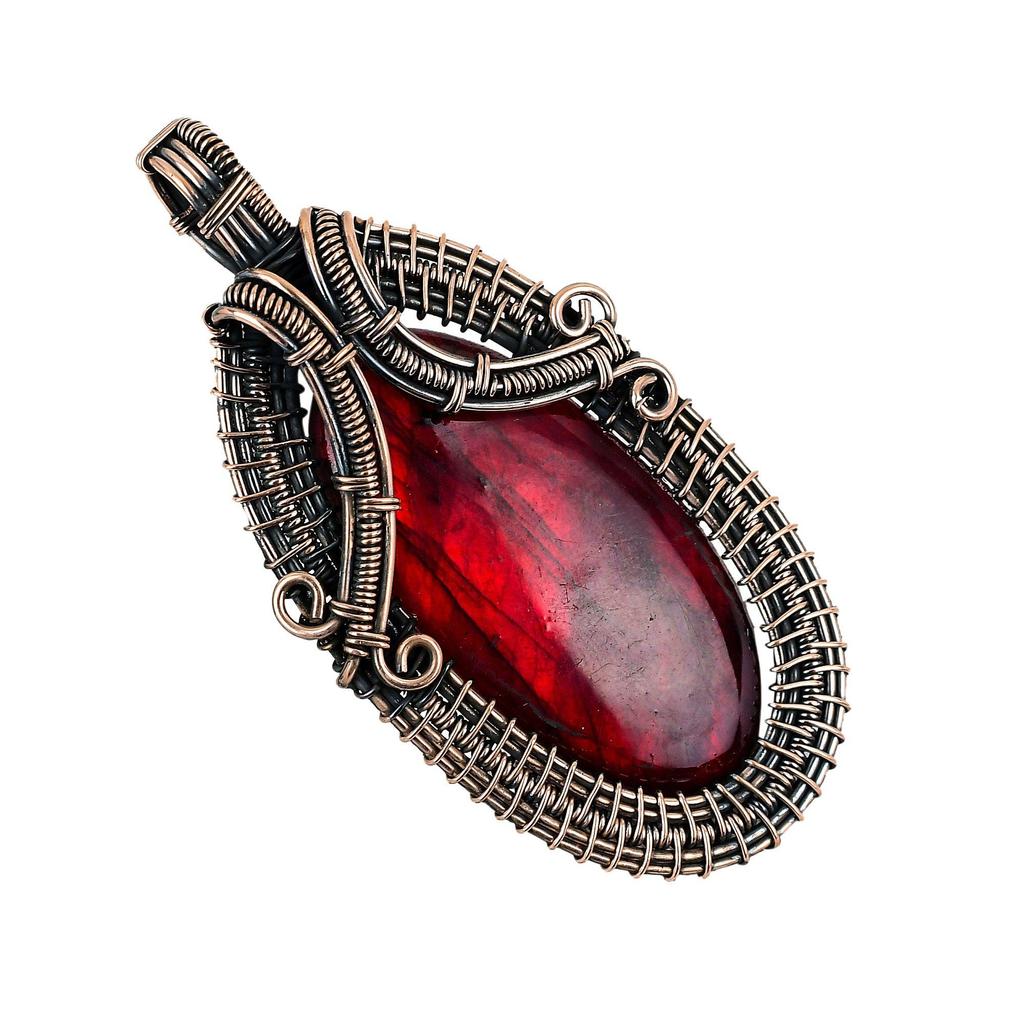Red Flash Labradorite Pendant, 999 Copper Wire Wrapped Jewelry, Gemstone Jewelry Pendant, Handmade Wedding Gift Jewelry