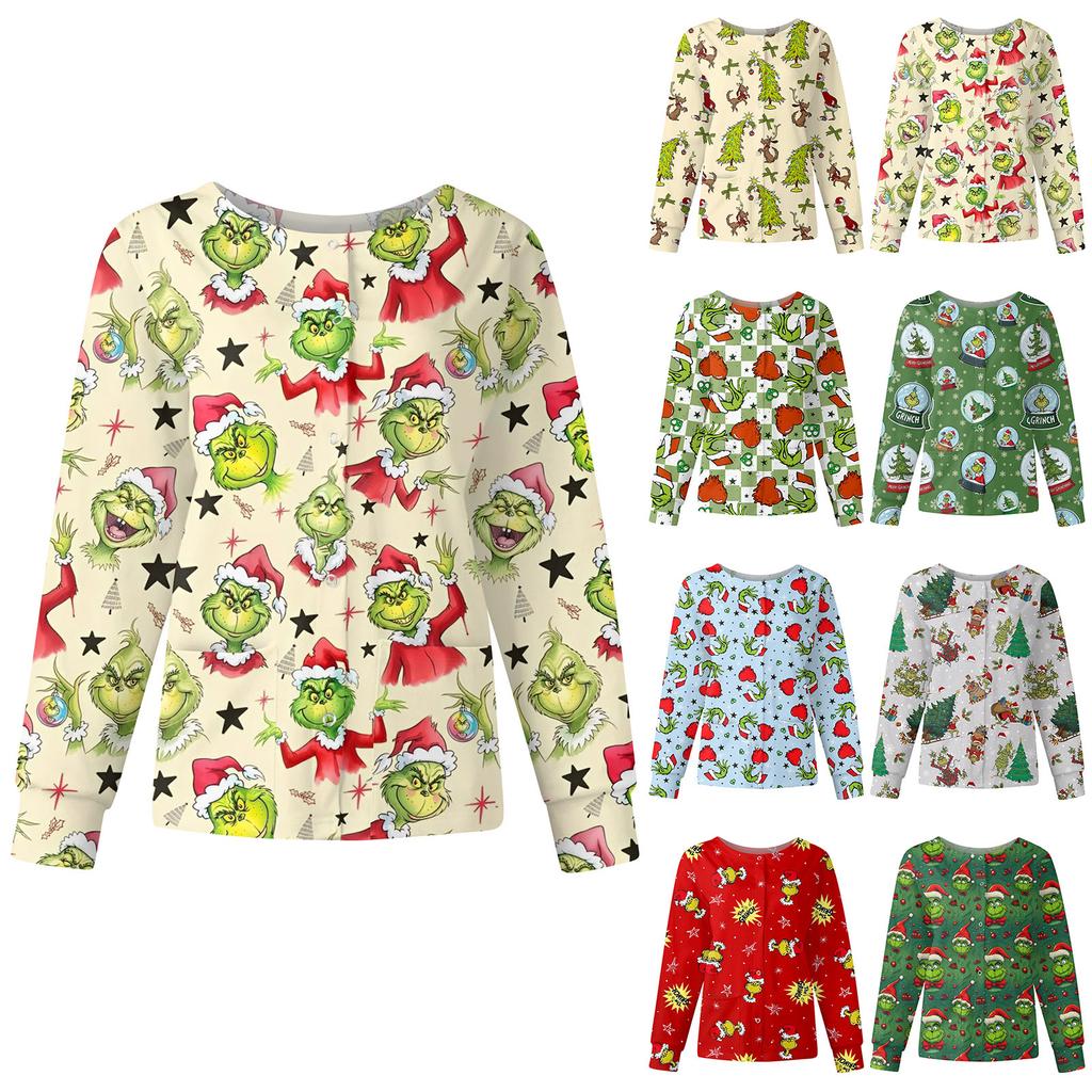 Women's Casual Fashion Long Sleeve Standing Collar Single Breasted Christmas Print Workwear Jacket Tops