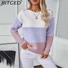 BITCED Colour-Block Off-the-Shoulder Button-Front Pullover Women's Sweater Autumn/Winter Casual Oversized Knitwear