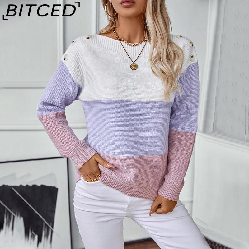 BITCED Colour-Block Off-the-Shoulder Button-Front Pullover Women's Sweater Autumn/Winter Casual Oversized Knitwear