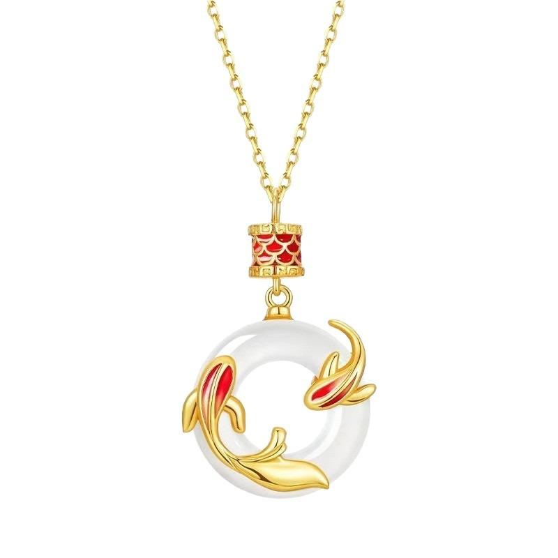 Luxury Koi Fish Peace Buckle Double Fish Pendant Imitation Agate Clavicle Necklace For Women