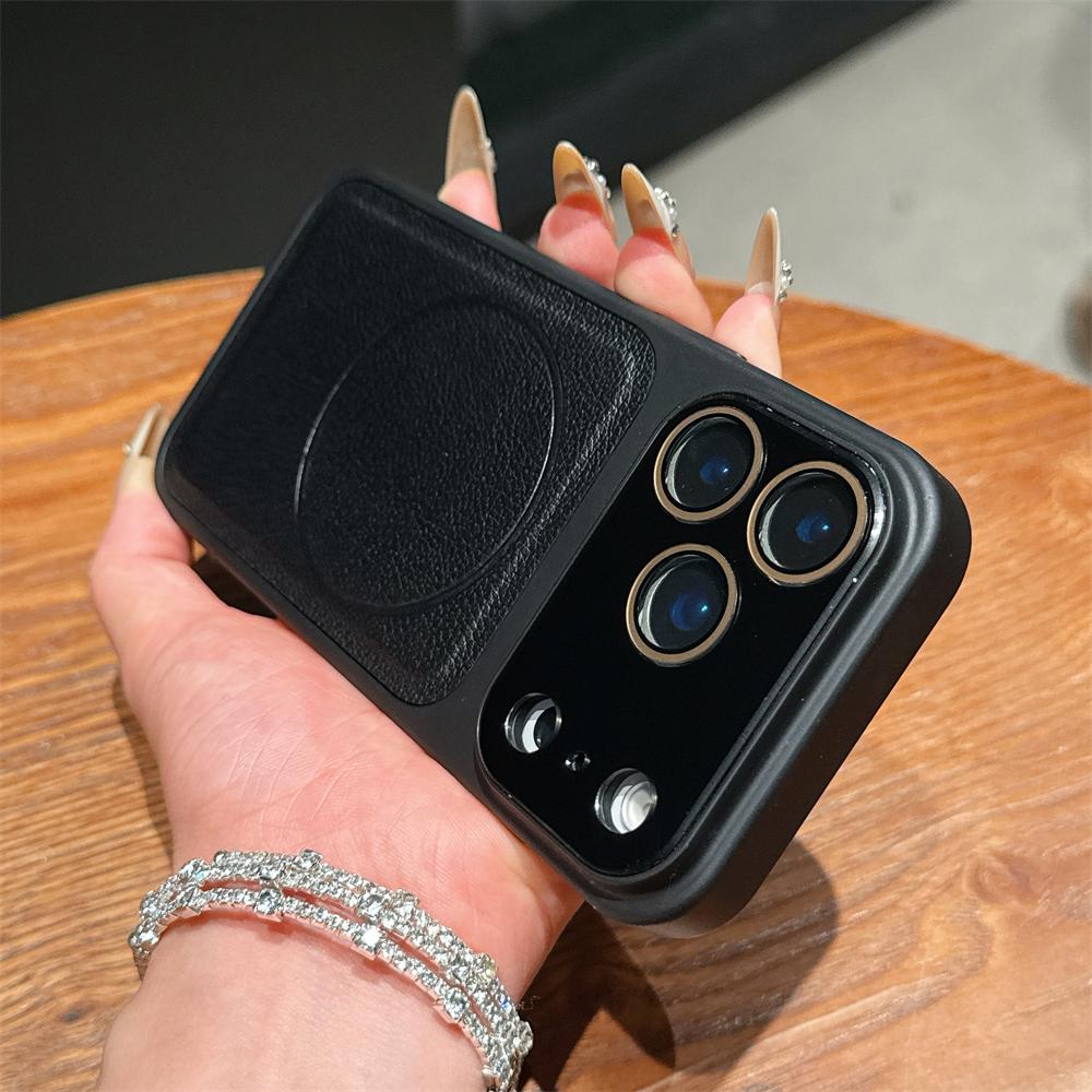 

Litchi Leather Case For iPhone 17 16 15 14 Pro Max 12 11 13 Pro Glass Large Window For Magsafe Armor Bumper Plating Cover iPhone 16