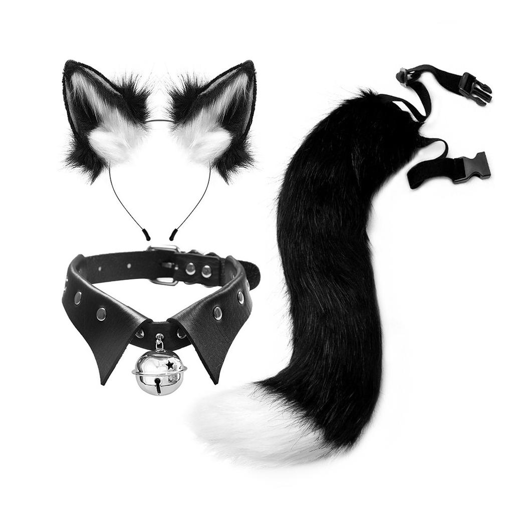 Faux Fur Wolf Fox Tail Ears Hair Clips Neck Collar Set Cat Ears and Wolf Fox Animal Tail Cosplay