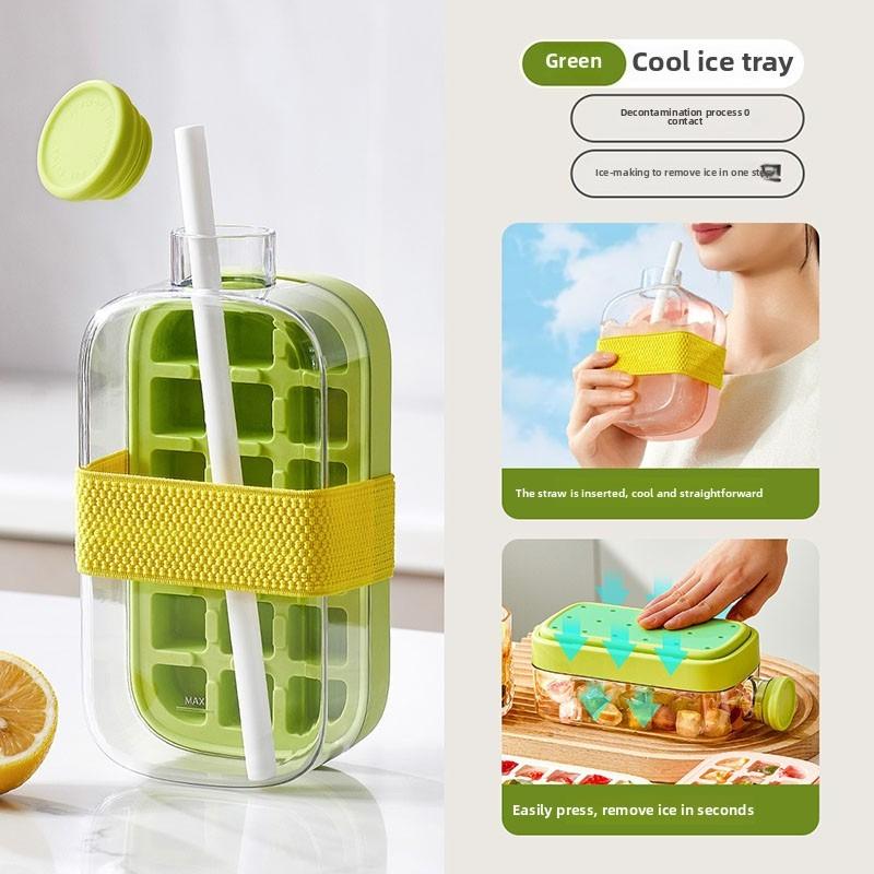 Ice Cube Mold Household Two-in-one Press Ice Kettle with Lid Ice Tray Zero Touch Ice Out Carry Straw Dual-purpose Ice Kettle