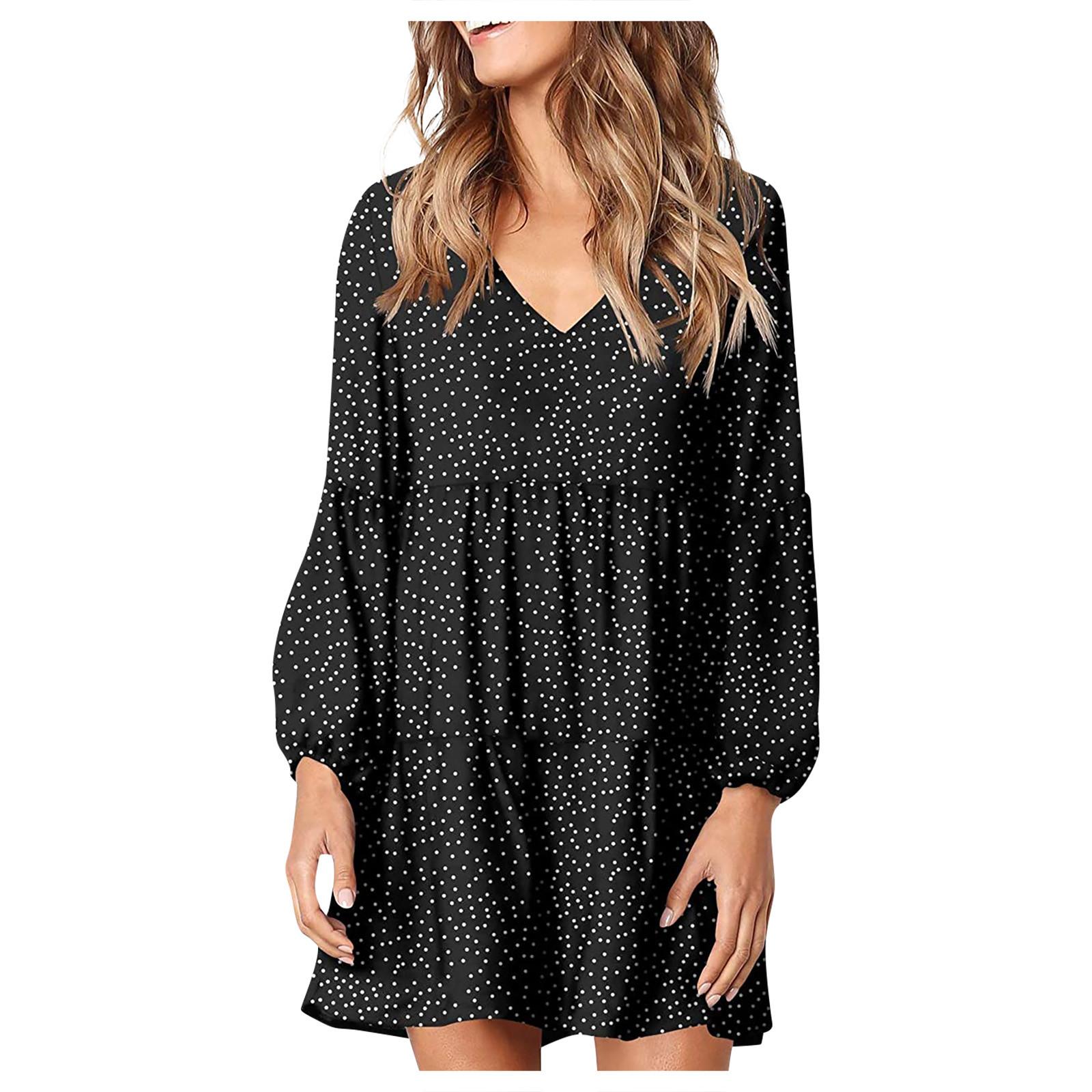 Women Fashion Polka Dot Print Loose Dress Long Sleeve V-Neck Dress XXL