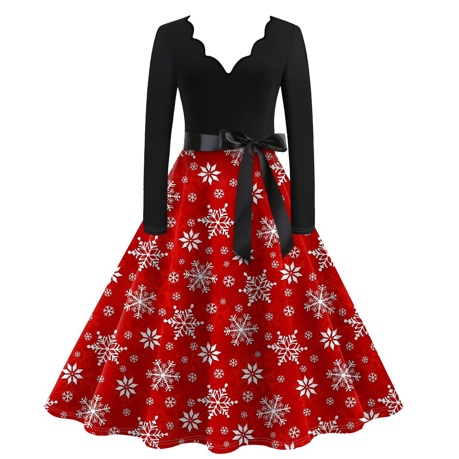 

Женское повседневное модное винтажное платье с V-образным вырезом и длинным рукавом с рождественским принтом M киноварь