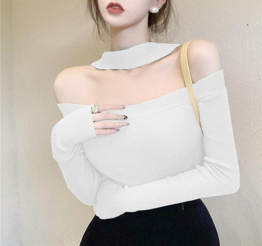 Plus Image Long Sleeve Strap Shoulder Knit Size F Women's Top, Blue,